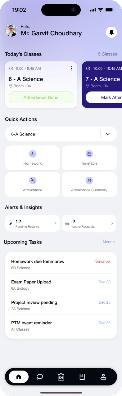 Gyanama app: a teacher’s dashboard showing today’s classes, quick actions and alerts