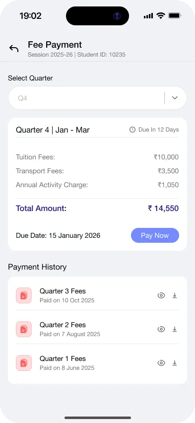 Gyanama app: a fee payment and status screen